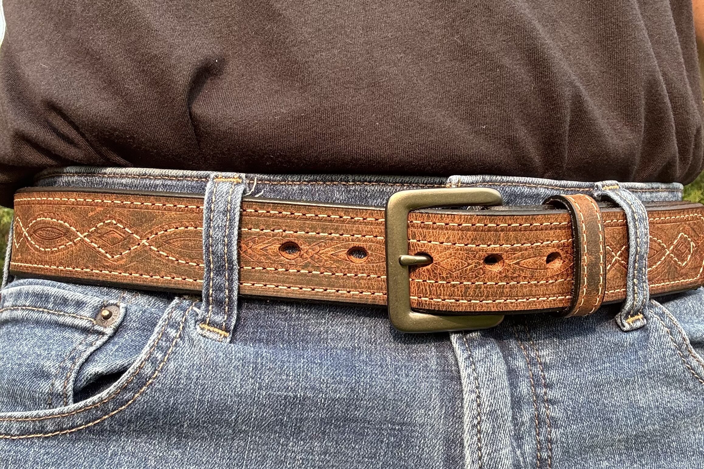 Water Buffalo Crazy Horse Figure 8 Stitch Leather Belt handcrafted by Amish craftsmen with decorative Figure 8 stitching and your choice of a dark grey or stainless steel buckle.
