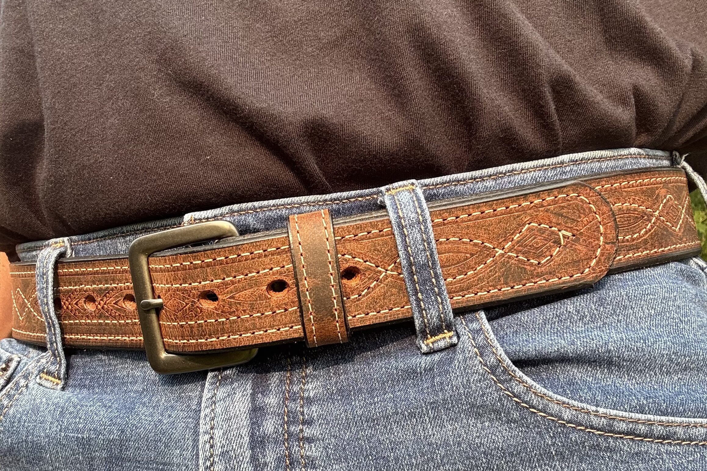 Water Buffalo Crazy Horse Figure 8 Stitch Leather Belt handcrafted by Amish craftsmen with decorative Figure 8 stitching and your choice of a dark grey or stainless steel buckle.
