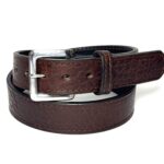Bison Brown Premium Heavy Leather Belt handcrafted from premium bison leather backed with full grain cowhide featuring a silver stainless steel or gold solid brass buckle.