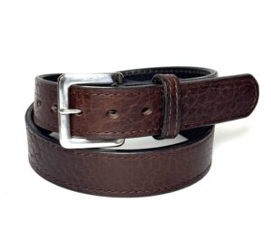 Bison Brown Premium Heavy Leather Belt handcrafted from premium bison leather backed with full grain cowhide featuring a silver stainless steel or gold solid brass buckle.