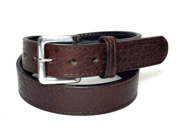 Bison Brown Premium Heavy Leather Belt handcrafted from premium bison leather backed with full grain cowhide featuring a silver stainless steel or gold solid brass buckle.