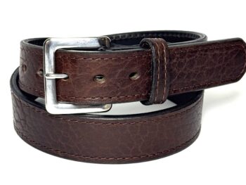 Bison Brown Premium Heavy Leather Belt handcrafted from premium bison leather backed with full grain cowhide featuring a silver stainless steel or gold solid brass buckle.