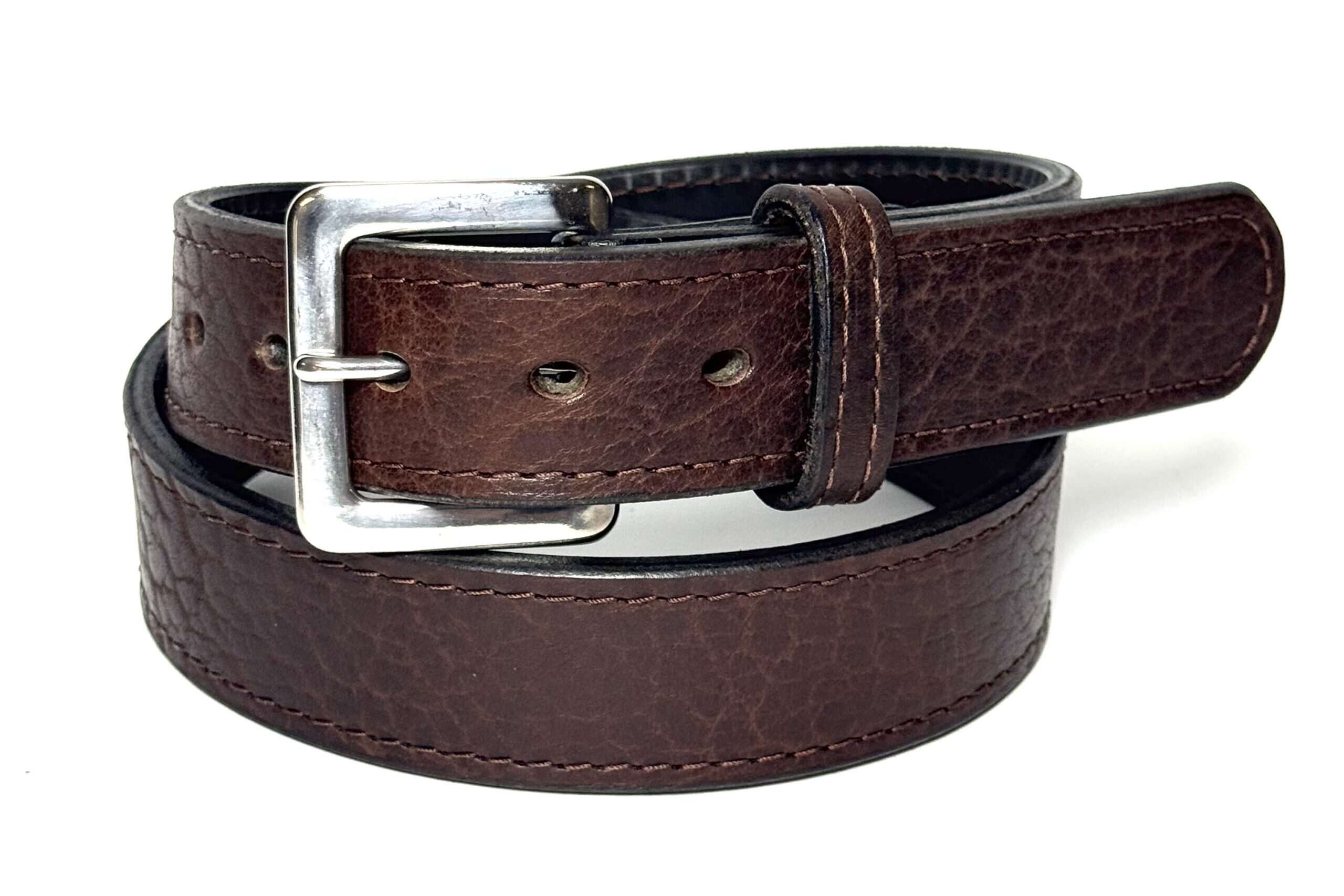 Bison Brown Premium Heavy Leather Belt handcrafted from premium bison leather backed with full grain cowhide featuring a silver stainless steel or gold solid brass buckle.