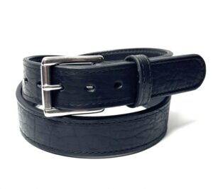 Bison Black Premium Heavy Leather Belt handcrafted from premium black bison leather backed with full grain cowhide and finished with a stainless steel buckle.