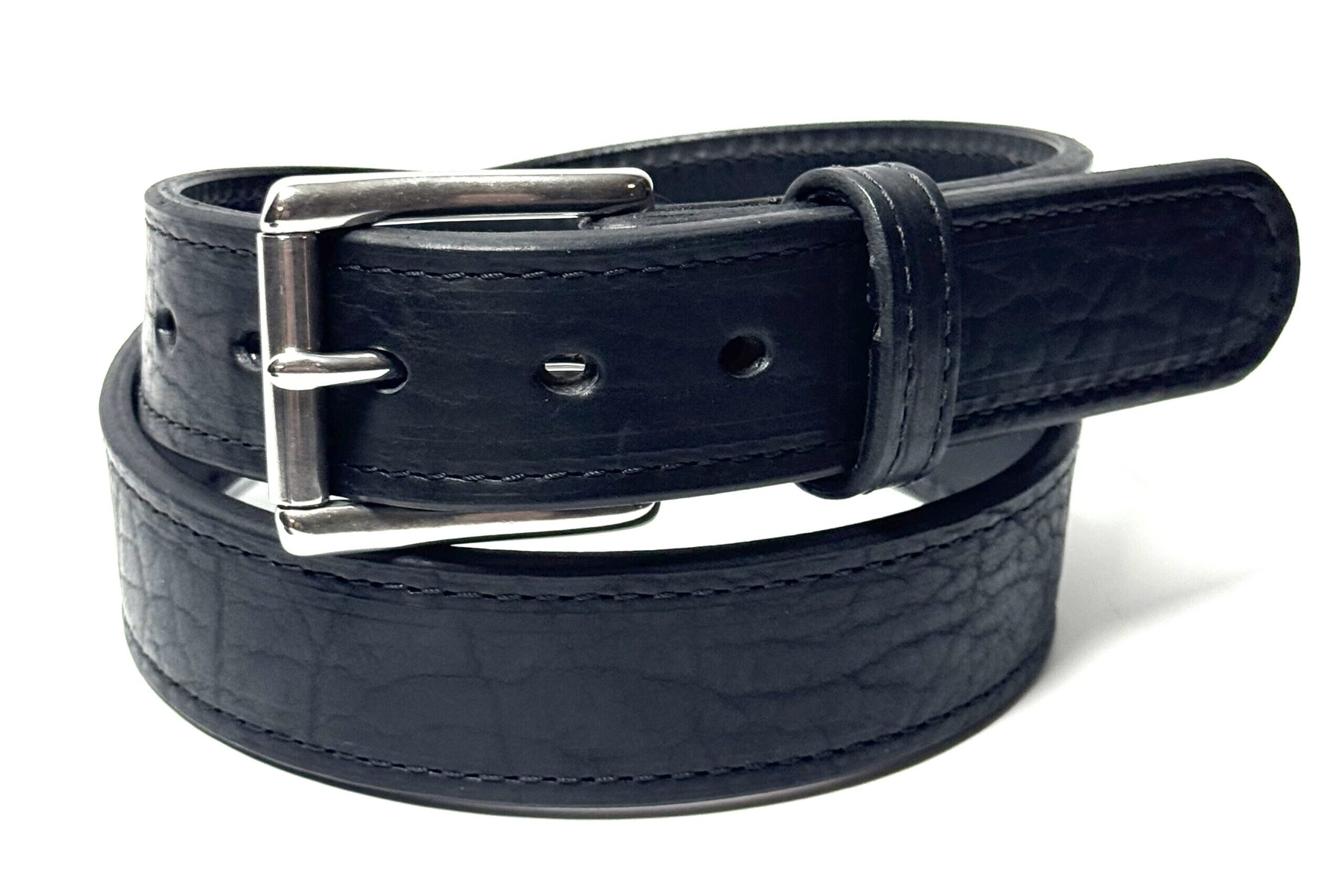 Bison Black Premium Heavy Leather Belt handcrafted from premium black bison leather backed with full grain cowhide and finished with a stainless steel buckle.