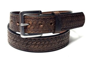 Water Buffalo Crazy Horse Basket Weave Leather Belt handcrafted by Amish craftsmen with a distressed finish and your choice of dark grey or stainless steel buckle.