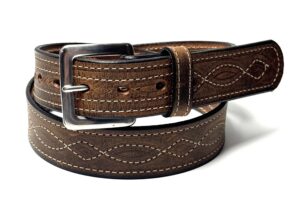 Water Buffalo Crazy Horse Figure 8 Stitch Leather Belt handcrafted by Amish craftsmen with decorative Figure 8 stitching and your choice of a dark grey or stainless steel buckle.
