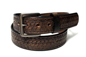 Water Buffalo Crazy Horse Basket Weave Leather Belt handcrafted by Amish craftsmen with a distressed finish and your choice of dark grey or stainless steel buckle.
