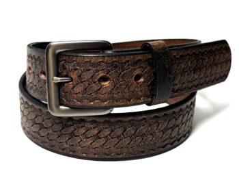 Water Buffalo Crazy Horse Basket Weave Leather Belt handcrafted by Amish craftsmen with a distressed finish and your choice of dark grey or stainless steel buckle.
