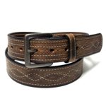 Water Buffalo Crazy Horse Figure 8 Stitch Leather Belt handcrafted by Amish craftsmen with decorative Figure 8 stitching and your choice of a dark grey or stainless steel buckle.