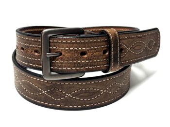 Water Buffalo Crazy Horse Figure 8 Stitch Leather Belt handcrafted by Amish craftsmen with decorative Figure 8 stitching and your choice of a dark grey or stainless steel buckle.