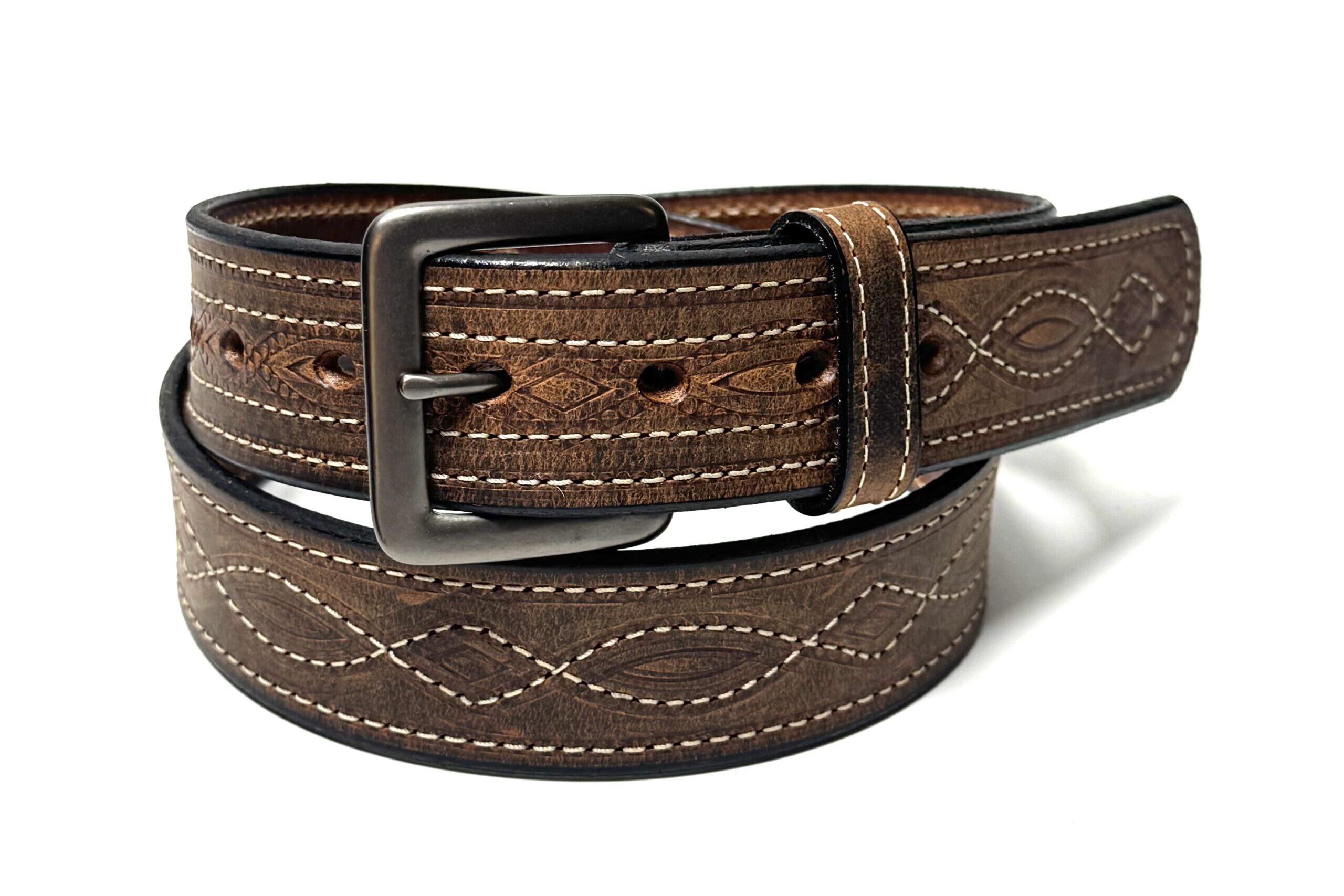 Water Buffalo Crazy Horse Figure 8 Stitch Leather Belt handcrafted by Amish craftsmen with decorative Figure 8 stitching and your choice of a dark grey or stainless steel buckle.