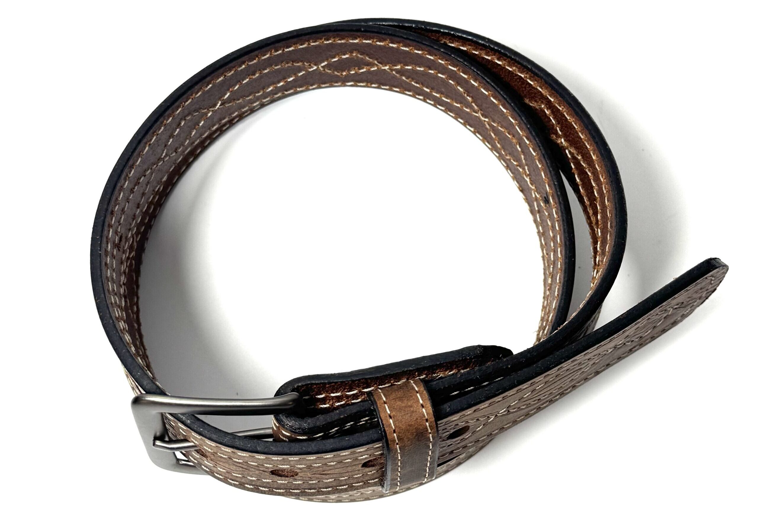 Water Buffalo Crazy Horse Figure 8 Stitch Leather Belt handcrafted by Amish craftsmen with decorative Figure 8 stitching and your choice of a dark grey or stainless steel buckle.