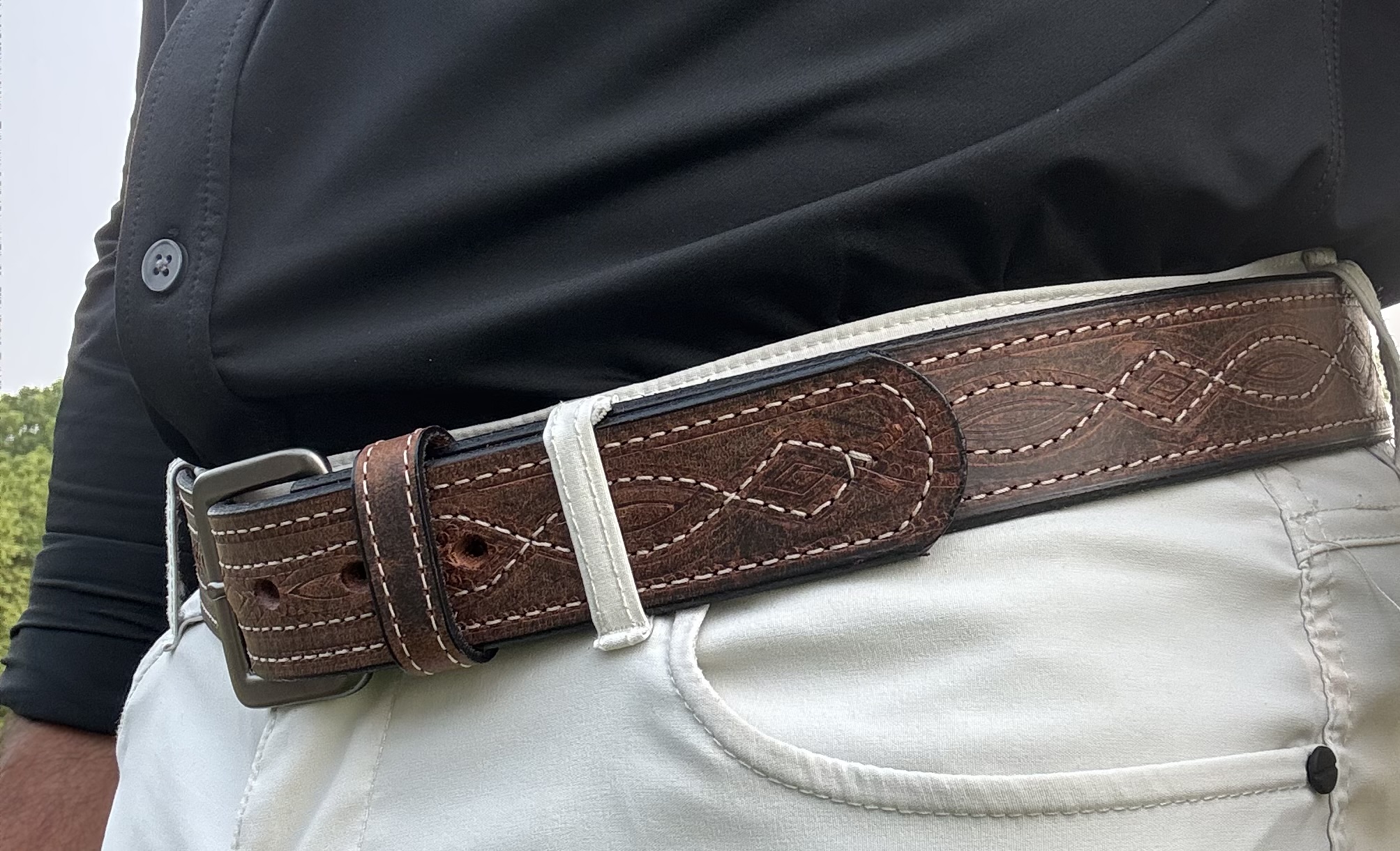 Water Buffalo Crazy Horse Figure 8 Stitch Leather Belt handcrafted by Amish craftsmen with decorative Figure 8 stitching and your choice of a dark grey or stainless steel buckle.