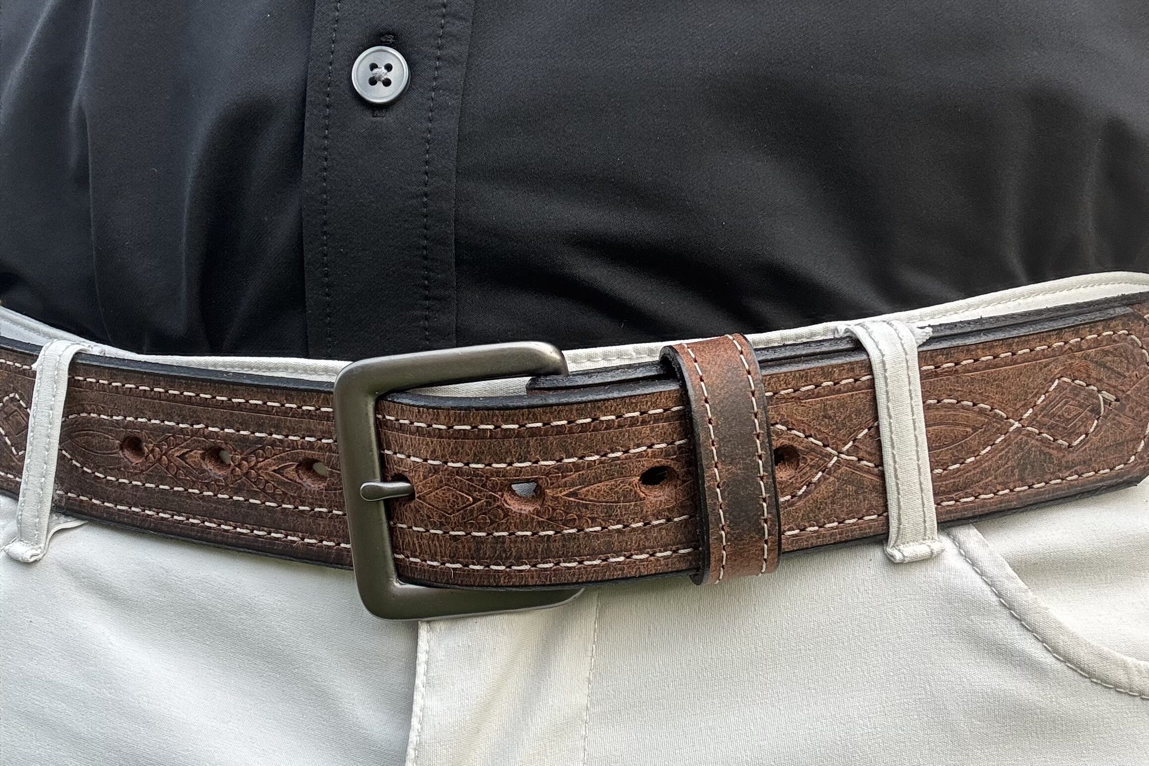 Water Buffalo Crazy Horse Figure 8 Stitch Leather Belt handcrafted by Amish craftsmen with decorative Figure 8 stitching and your choice of a dark grey or stainless steel buckle.