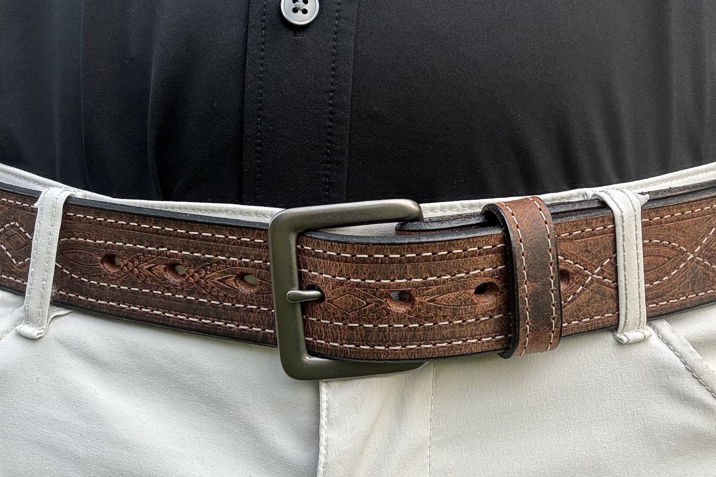 Water Buffalo Crazy Horse Figure 8 Stitch Leather Belt handcrafted by Amish craftsmen with decorative Figure 8 stitching and your choice of a dark grey or stainless steel buckle.