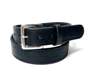 Bison Black Premium Heavy Leather Belt handcrafted from premium black bison leather backed with full grain cowhide and finished with a stainless steel buckle.