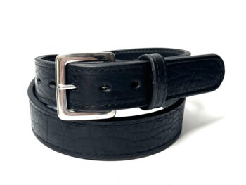 Bison Black Premium Heavy Leather Belt handcrafted from premium black bison leather backed with full grain cowhide and finished with a stainless steel buckle.