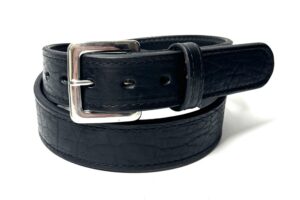 Bison Black Premium Heavy Leather Belt handcrafted from premium black bison leather backed with full grain cowhide and finished with a stainless steel buckle.