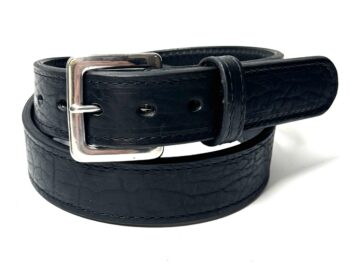 Bison Black Premium Heavy Leather Belt handcrafted from premium black bison leather backed with full grain cowhide and finished with a stainless steel buckle.