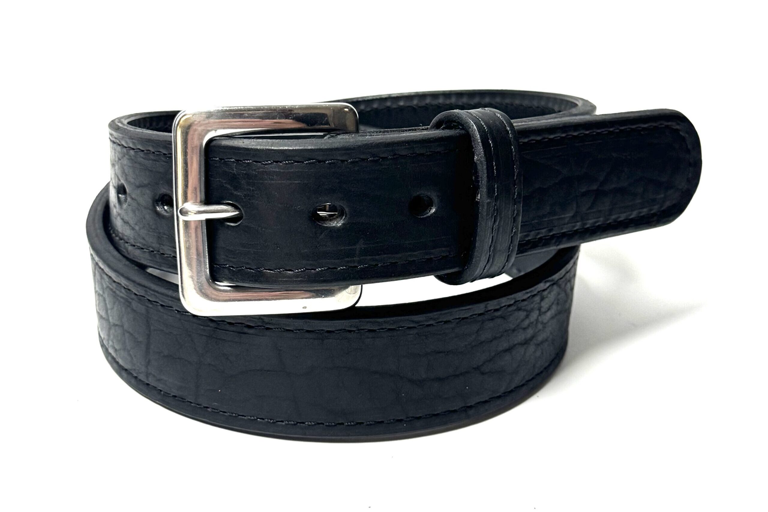 Bison Black Premium Heavy Leather Belt handcrafted from premium black bison leather backed with full grain cowhide and finished with a stainless steel buckle.