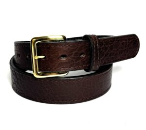 Bison Brown Premium Heavy Leather Belt handcrafted from premium bison leather backed with full grain cowhide featuring a silver stainless steel or gold solid brass buckle.