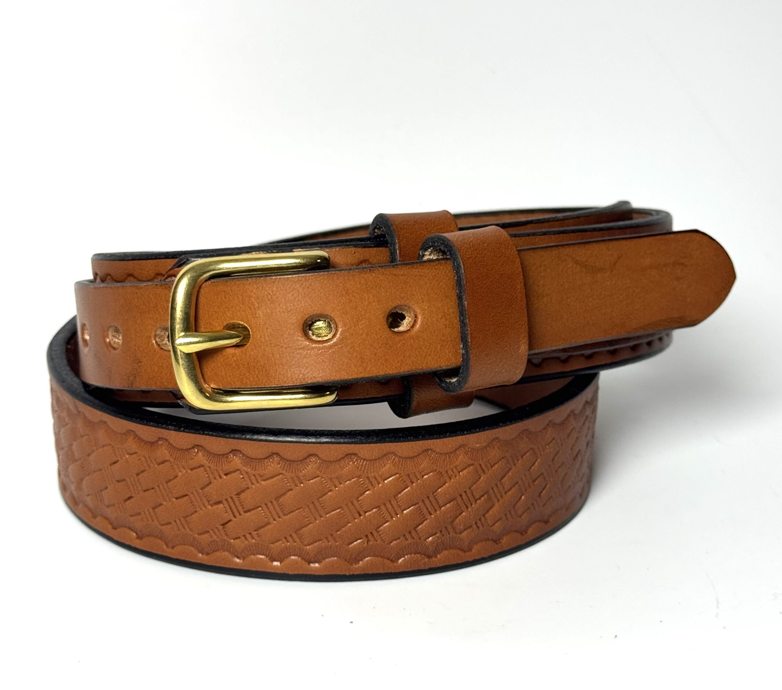 Basket Weave Light Brown Leather Ranger Belt handcrafted by Amish craftsmen from premium full grain leather with a solid brass buckle.