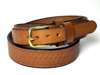 Basket Weave Light Brown Leather Ranger Belt handcrafted by Amish craftsmen from premium full grain leather with a solid brass buckle.