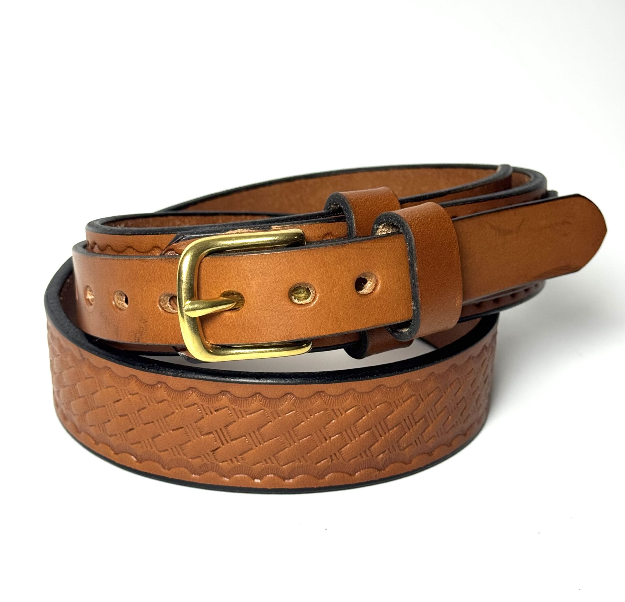 Basket Weave Light Brown Leather Ranger Belt handcrafted by Amish craftsmen from premium full grain leather with a solid brass buckle.