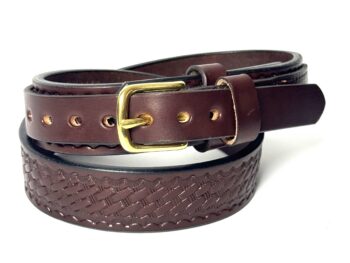 Brown Basket Weave Leather Ranger Belt handcrafted by Amish craftsmen from premium full grain leather with a traditional Ranger design and solid brass buckle.