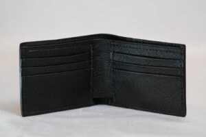 Open desert brown alligator wallet with black water buffalo leather interior