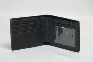 Open desert brown alligator wallet with black water buffalo leather interior