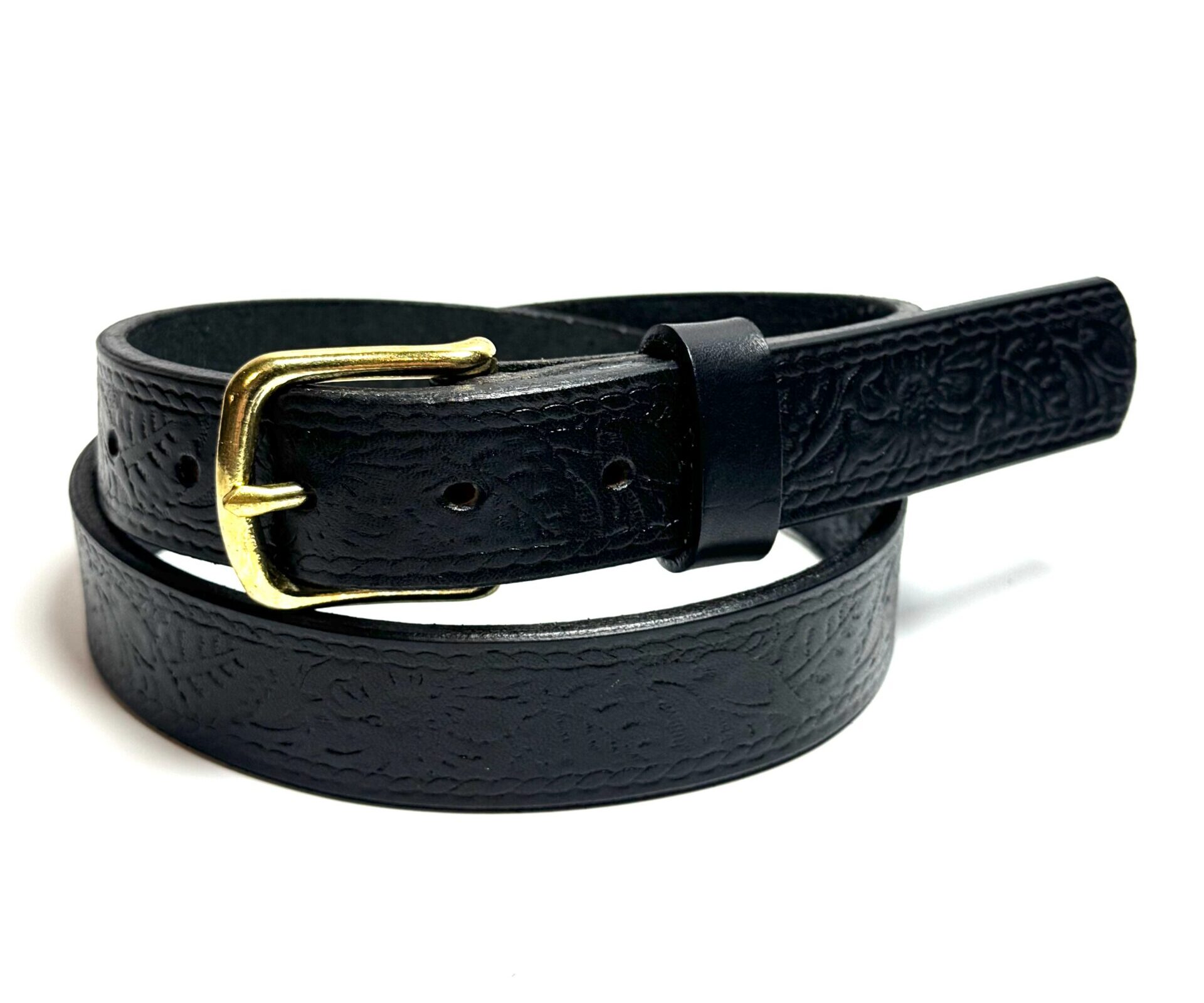 Black Floral Leather Belt Gold Round Buckle