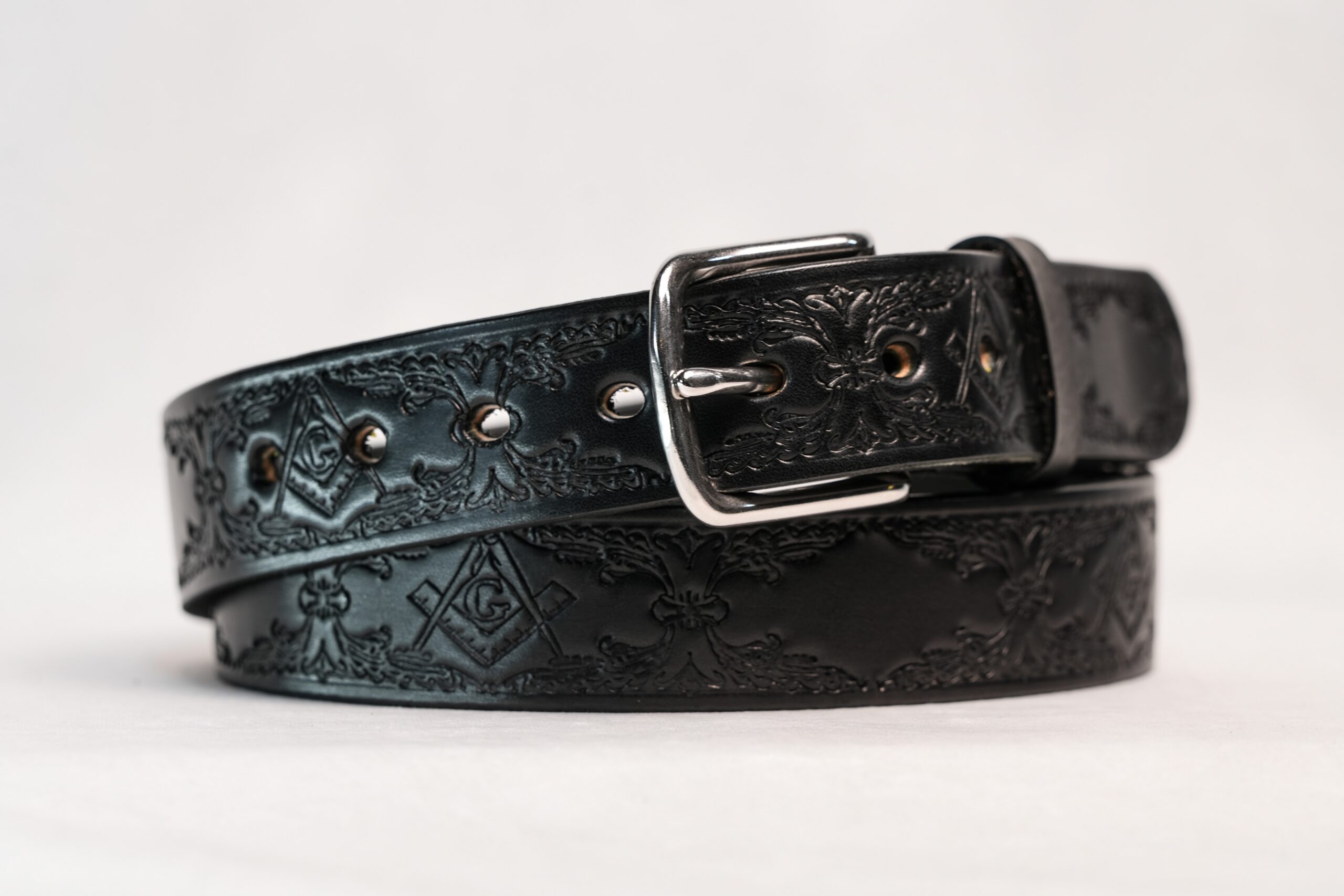 Black Freemason premium heavy leather belt with silver stainless steel buckle