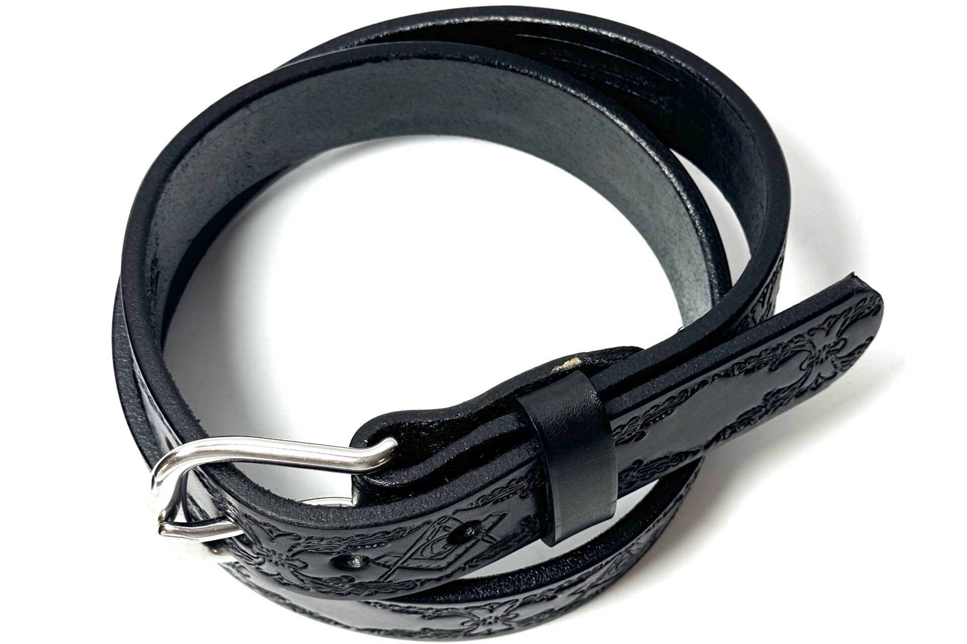 Full rolled view of black Freemason heavy leather belt
