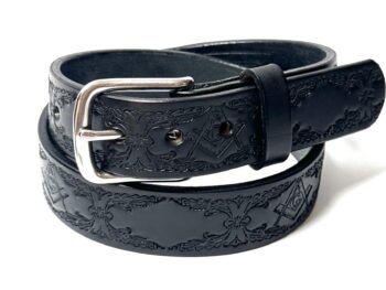 Black leather belt with detailed Freemason square-and-compass pattern