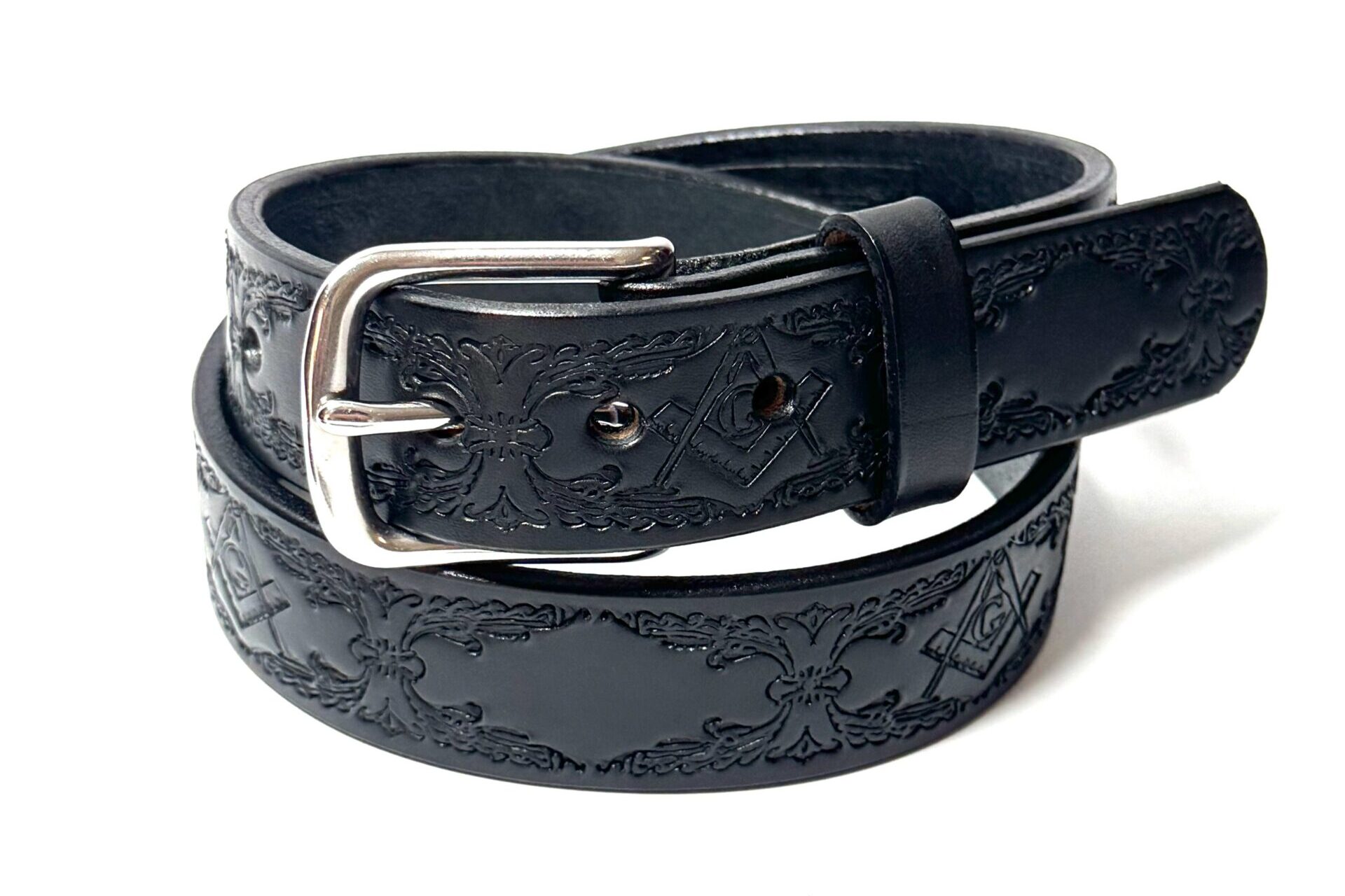 Black leather belt with detailed Freemason square-and-compass pattern