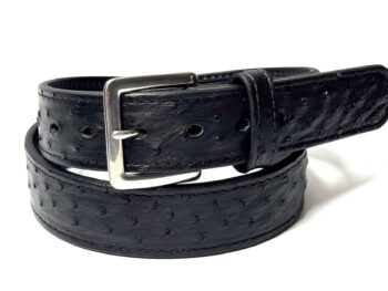 Black ostrich leather belt rolled with stainless steel buckle
