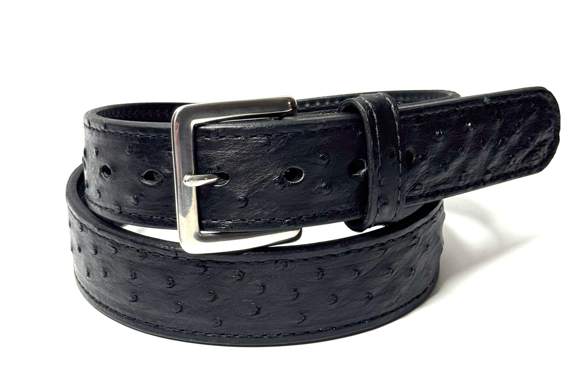 Black ostrich leather belt rolled with stainless steel buckle