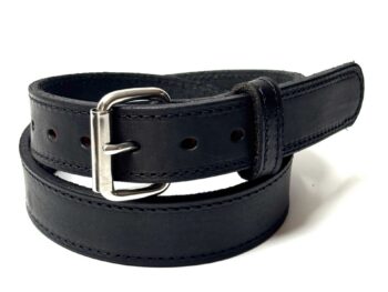 Black stitched premium heavy cowhide leather belt with stainless steel roller buckle