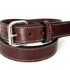 Front view of brown cowhide belt with white stitching and stainless steel roller buckle