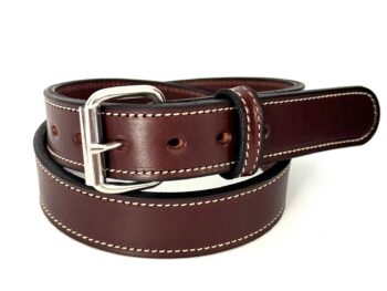 Front view of brown cowhide belt with white stitching and stainless steel roller buckle
