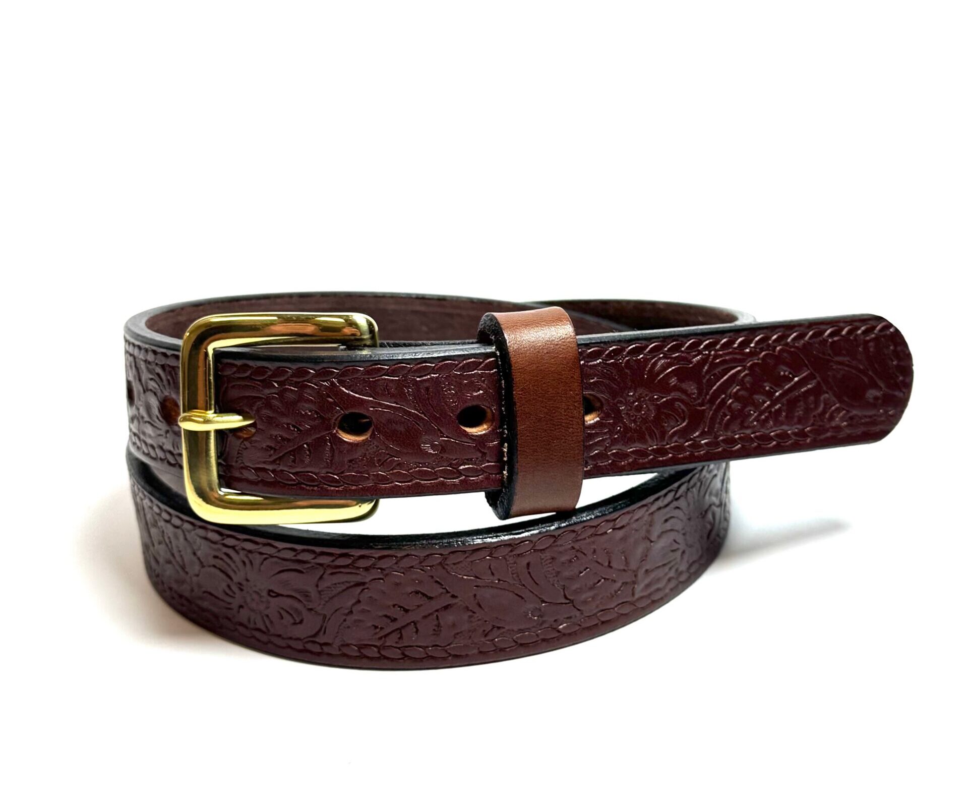 Brown Floral Design Leather Belt 1.25"