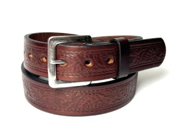 Brown floral design leather belt with silver stainless steel square buckle
