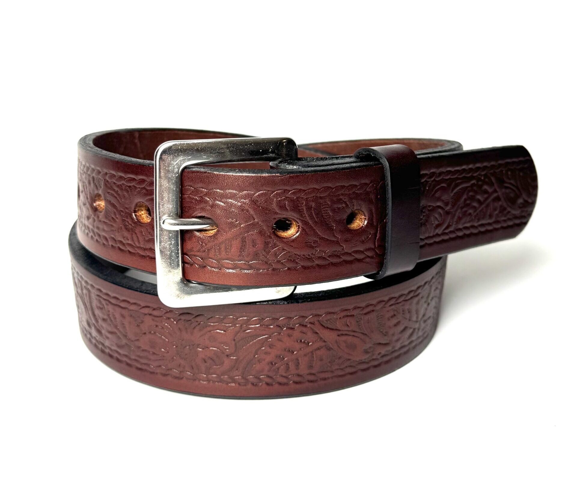Brown floral design leather belt with silver stainless steel square buckle