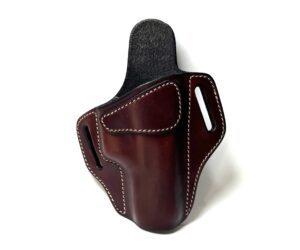 Front view of brown Glock XD OWB leather holster with white stitching