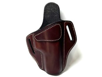 Front view of brown Glock XD OWB leather holster with white stitching