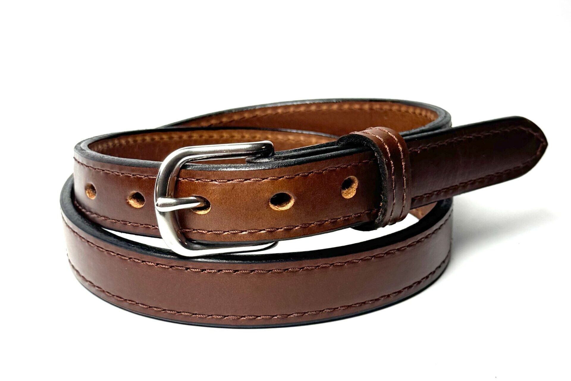 Close view of matching stitching and raised center on brown leather belt