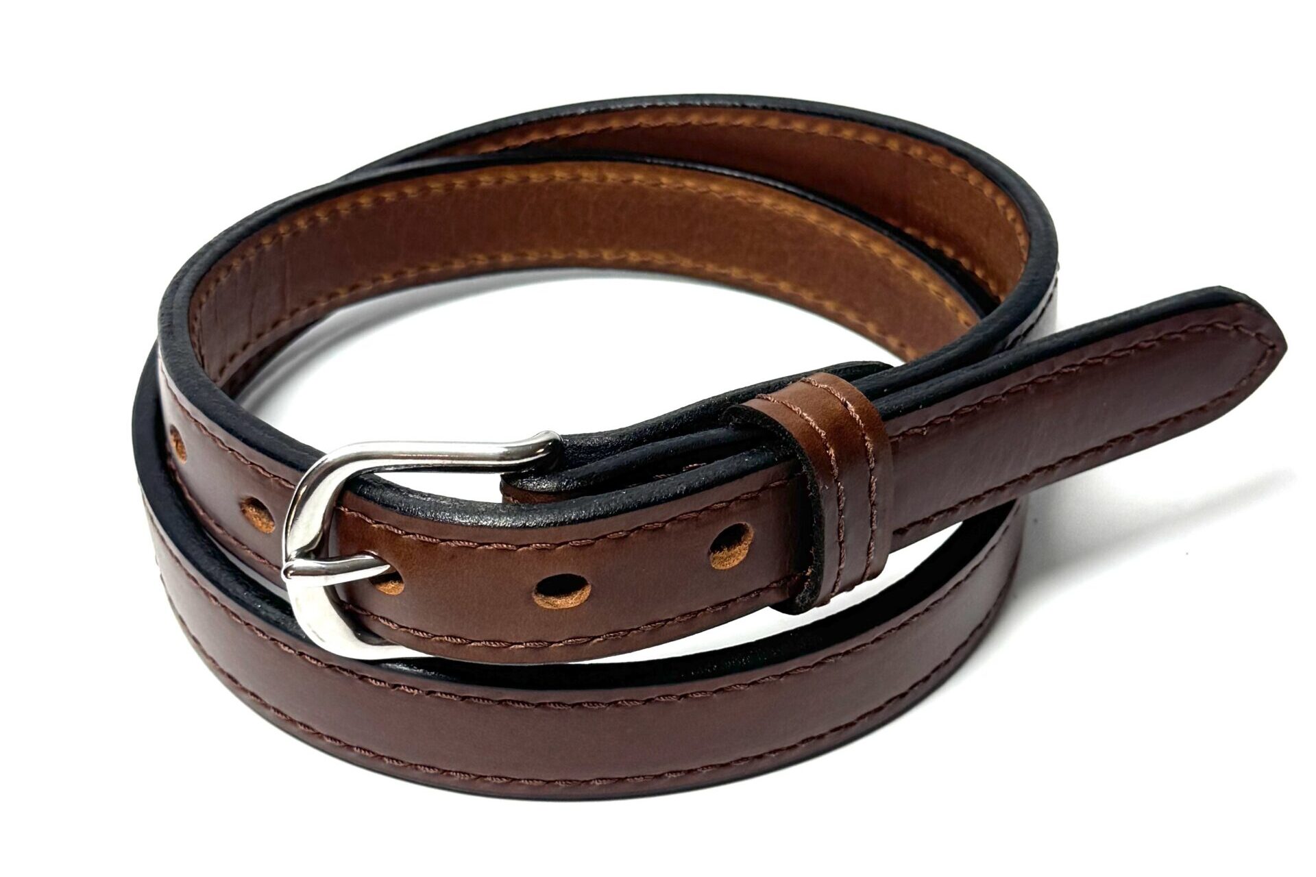 Angled view of brown cowhide raised center belt with dark finished edges