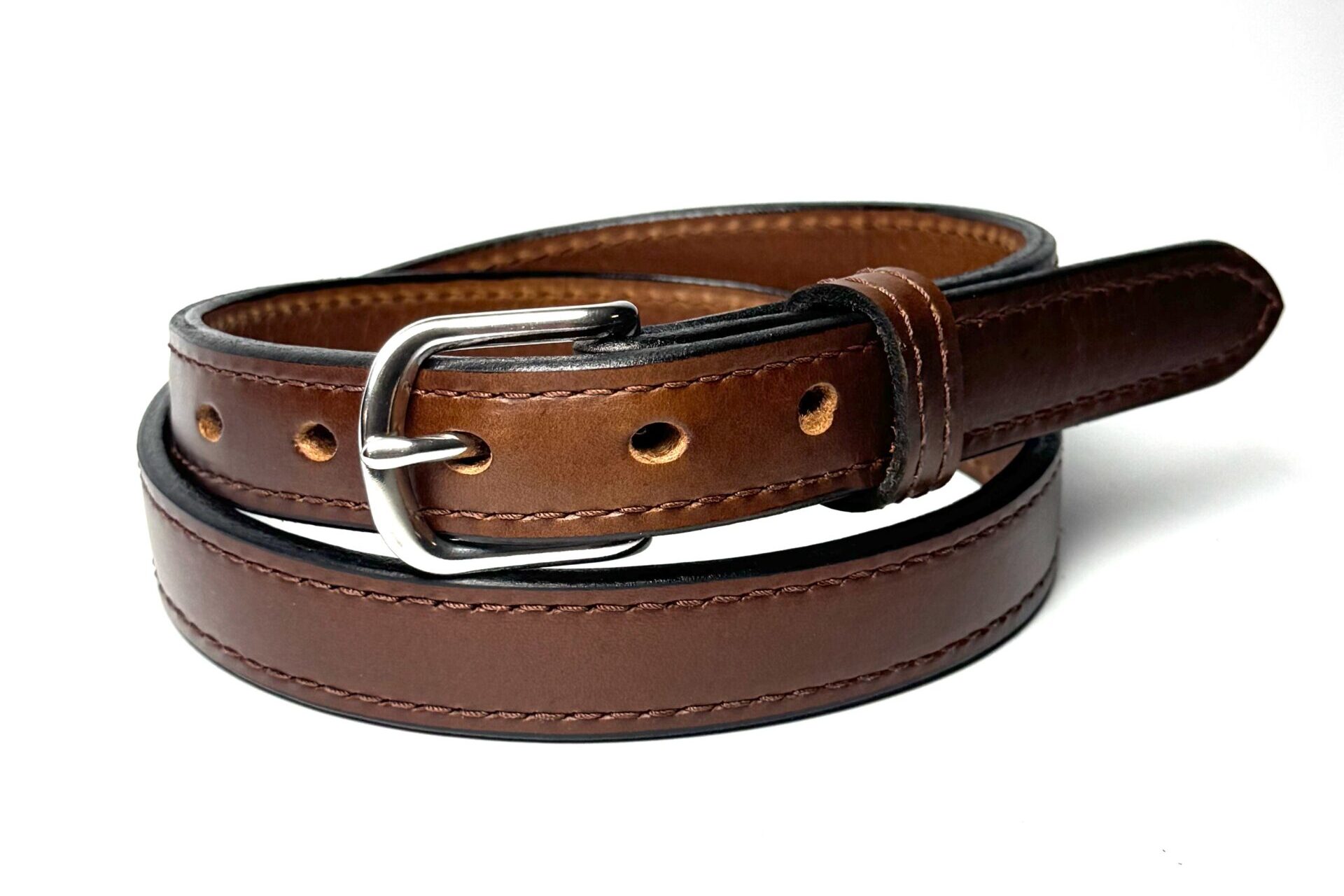 Brown raised center leather belt with silver stainless steel buckle